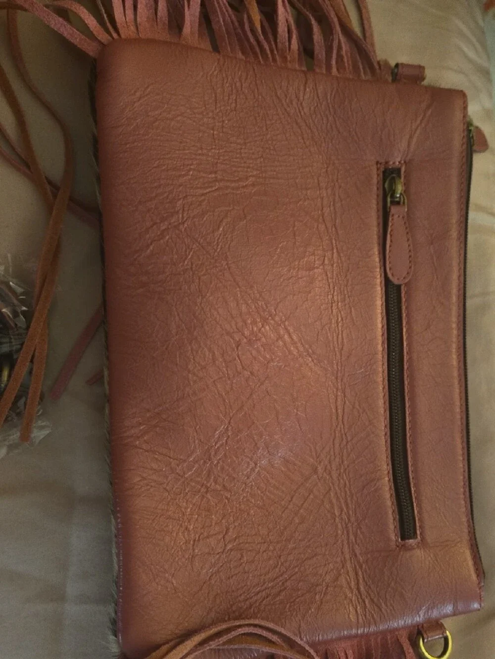 Western Tooled Leather Fringed Cowhide Crossbody Bag With Cow Embossed